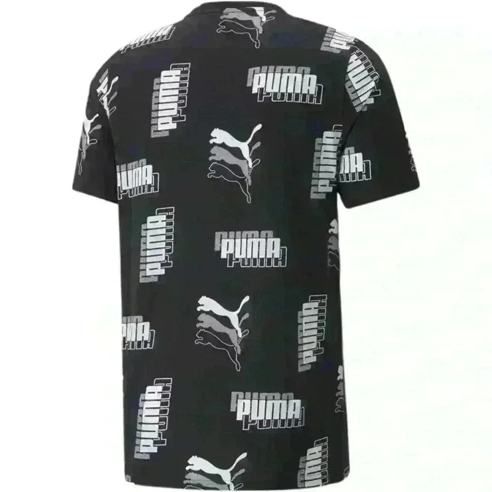 PUMA Power AOP Tee Mens Short Sleeve All Over Logo Print Black White L